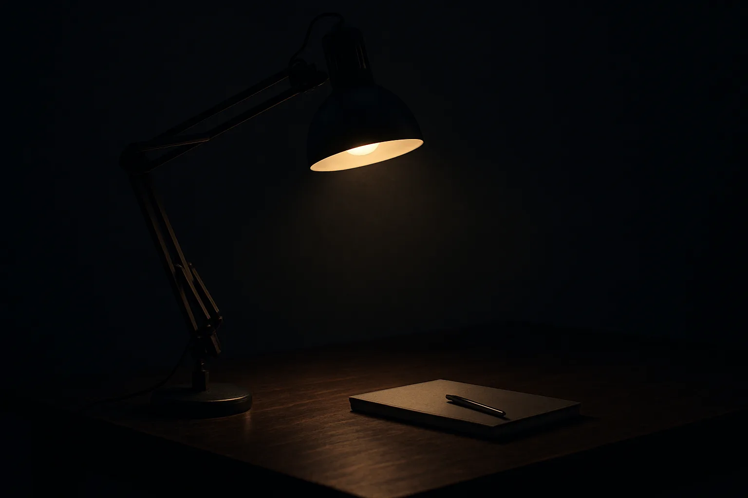 木目の机の上でアーム式デスクライトが手元だけを暖色で照らしている夜のデスク（AI生成イメージ）