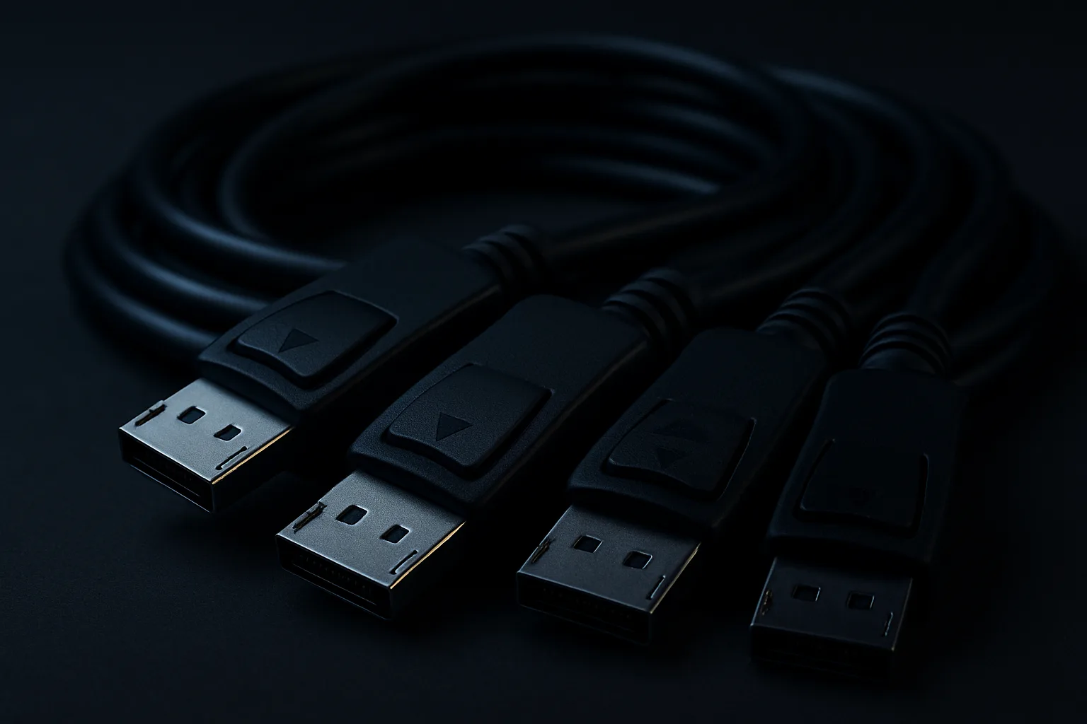 複数のDisplayPortケーブルが暗い机の上に並んでいる様子（AI生成イメージ）