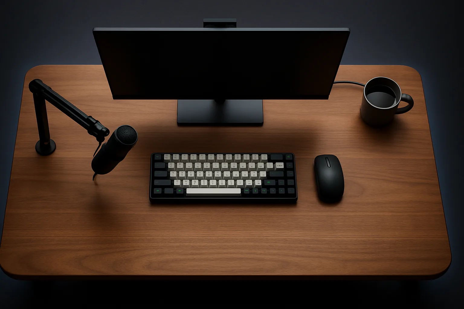 理想のデスクを上から見た配置。モニターはアームで奥、キーボードは手前中央、マウスは右、マイクはアームで左。