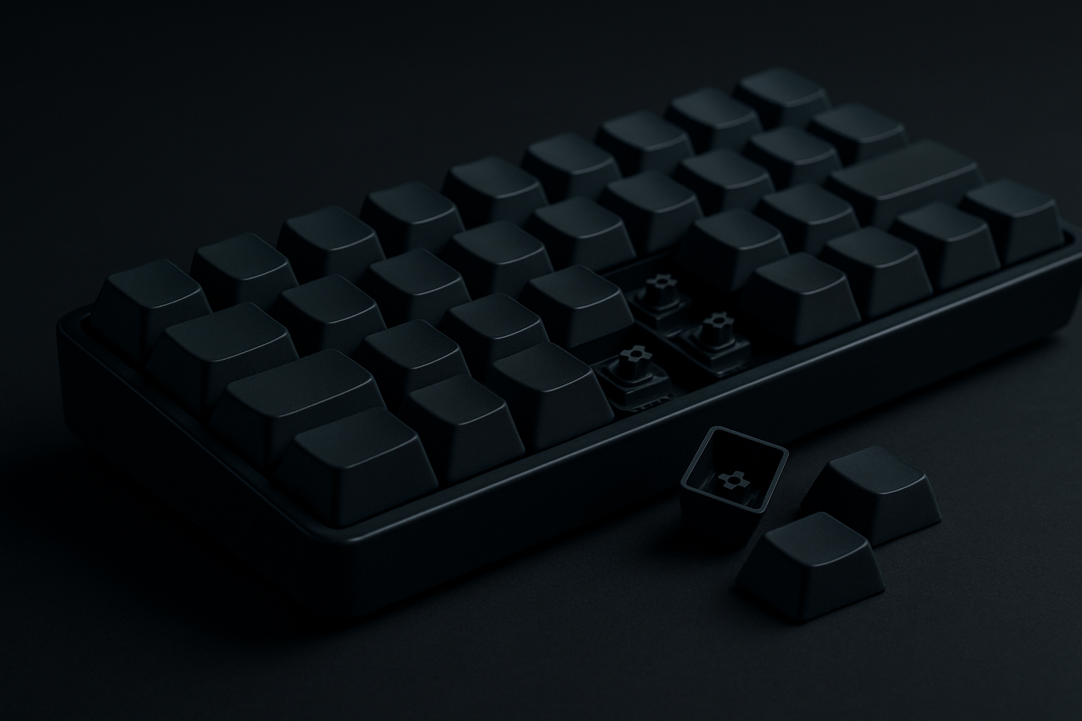 コンパクトなメカニカルキーボードの3/4視点（AI生成イメージ）。右側のキーをいくつか外し、下のスイッチ（軸）が見えている