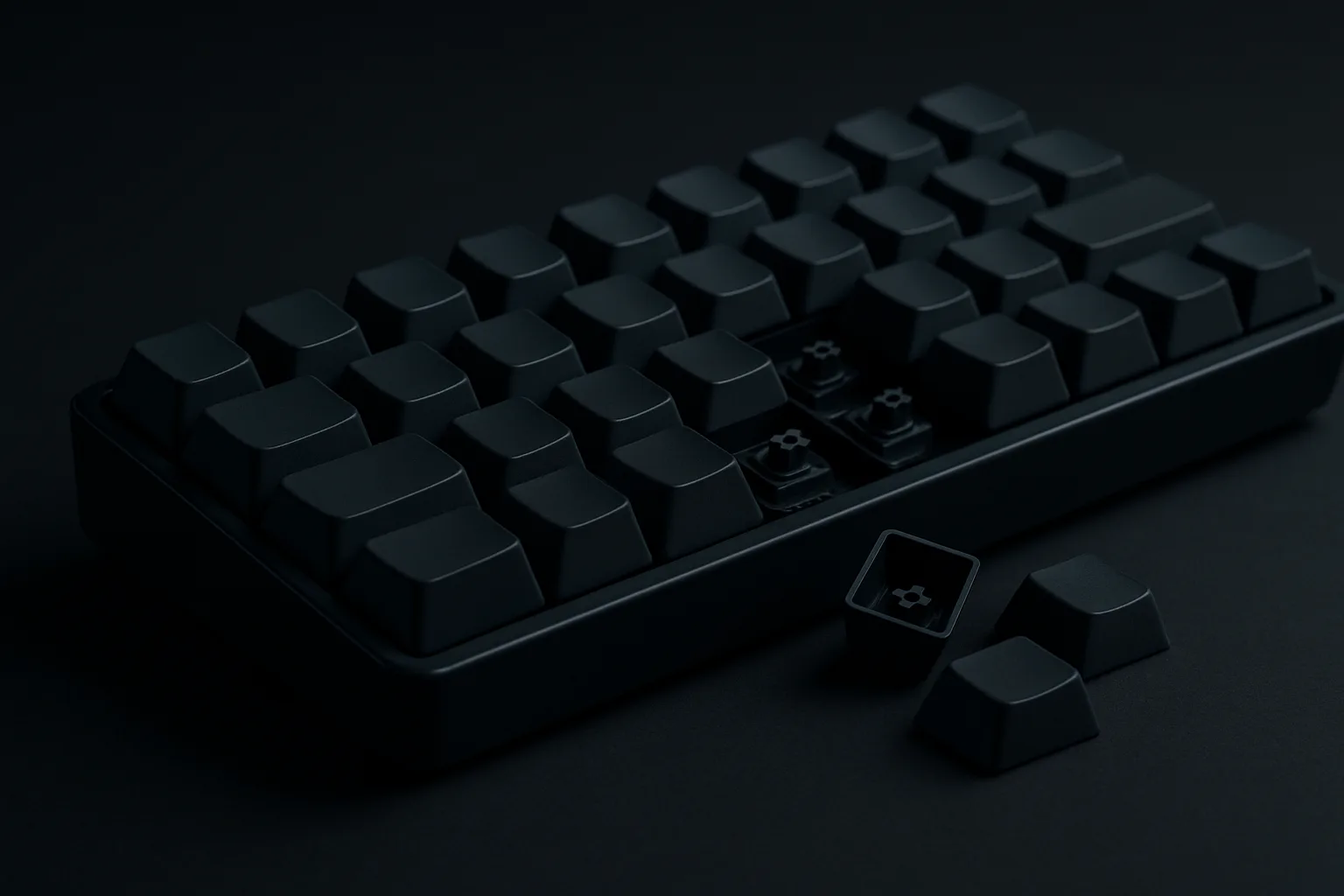 コンパクトなメカニカルキーボードの3/4視点（AI生成イメージ）。右側のキーをいくつか外し、下のスイッチ（軸）が見えている