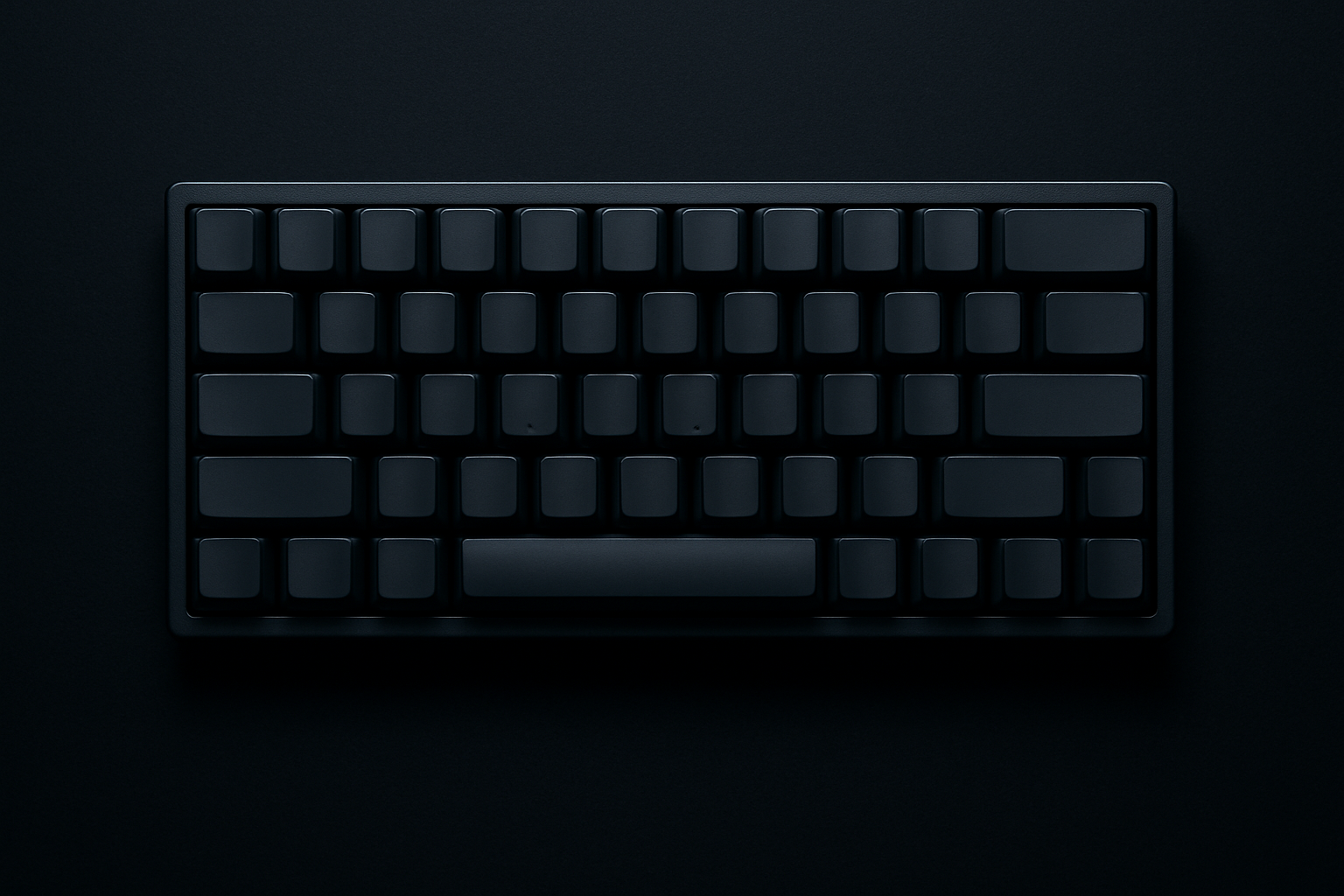 真上から見たコンパクト（60%系）メカニカルキーボード（AI生成イメージ）。F行・矢印・テンキーがなく、文字・数字段＋最下段だけ