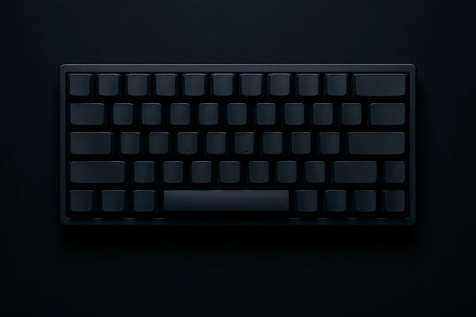 真上から見たコンパクト（60%系）メカニカルキーボード（AI生成イメージ）。F行・矢印・テンキーがなく、文字・数字段＋最下段だけ