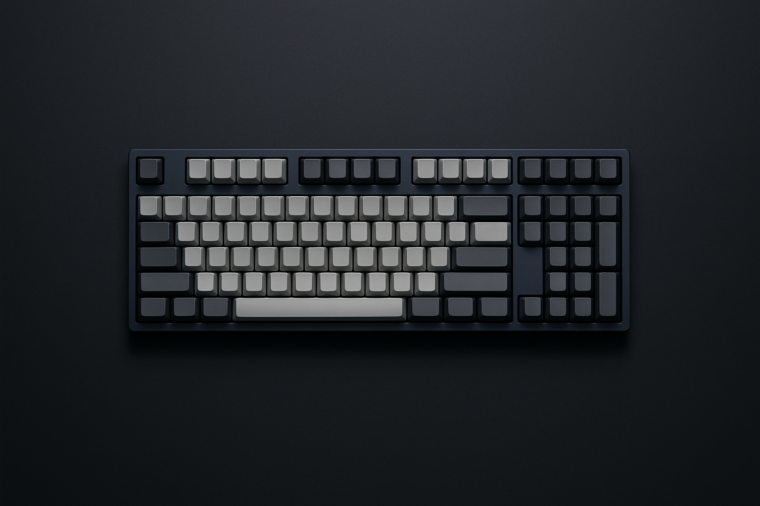 真上から見たテンキーレス（TKL）キーボード。右側に、フルサイズが足すテンキー部の枠を indigo の点線で示している