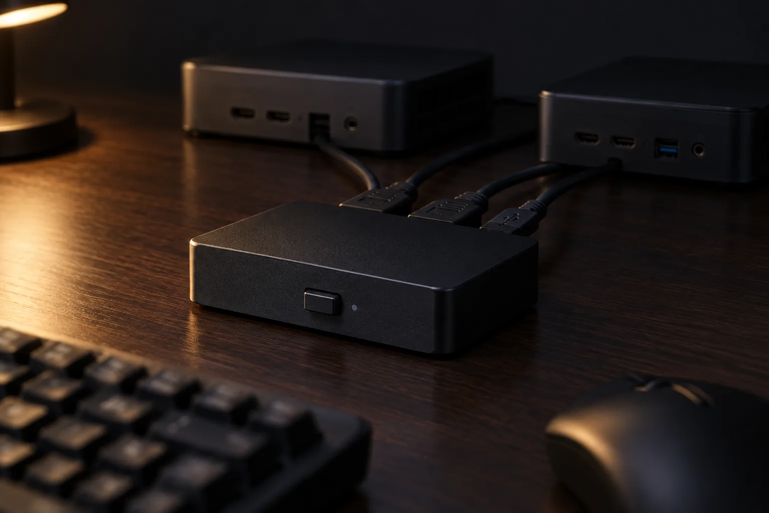 手前にKVMスイッチ本体と切替ボタン、奥に2台のミニPC。右のPCのHDMIポート2口とUSB3.0ポートをそれぞれ矢印で名指ししている