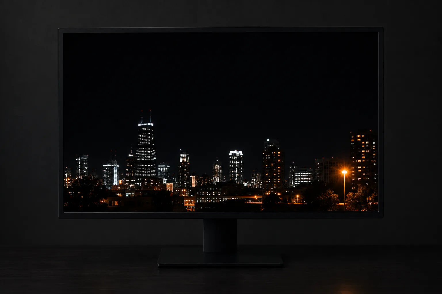 暗い部屋に置かれたモニターに夜景が映っている。空は真っ黒で、ビルの窓や街灯だけが明るい。暗い空と、街灯の明かりを矢印で名指ししている