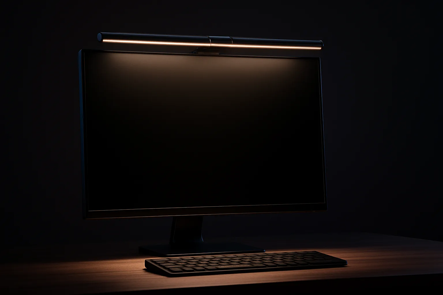 モニター上端に取り付けたバーライトが、画面には光を当てず手元の机だけを照らしている様子（AI生成イメージ）