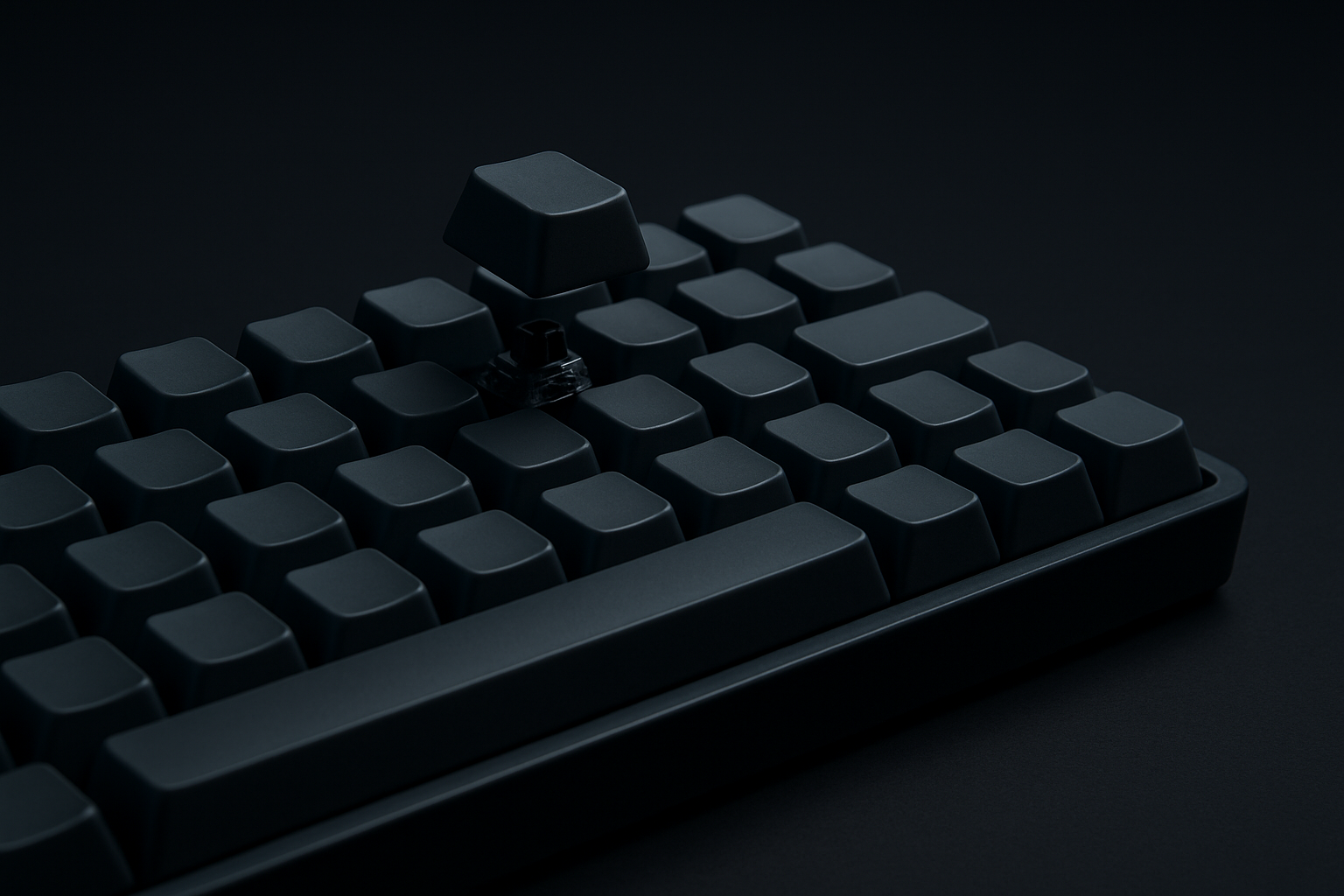 コンパクトキーボードのキーキャップを1つ外して持ち上げ、下のスイッチ部が見えている3/4視点（AI生成イメージ）