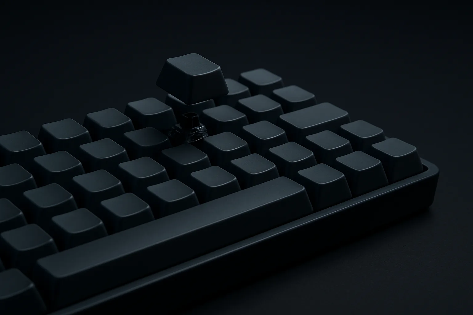 コンパクトキーボードのキーキャップを1つ外して持ち上げ、下のスイッチ部が見えている3/4視点（AI生成イメージ）