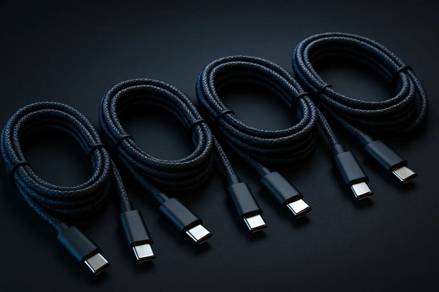 編組USB-Cケーブル4本を並べたイメージ（AI生成）。どれも見た目がほぼ同じ