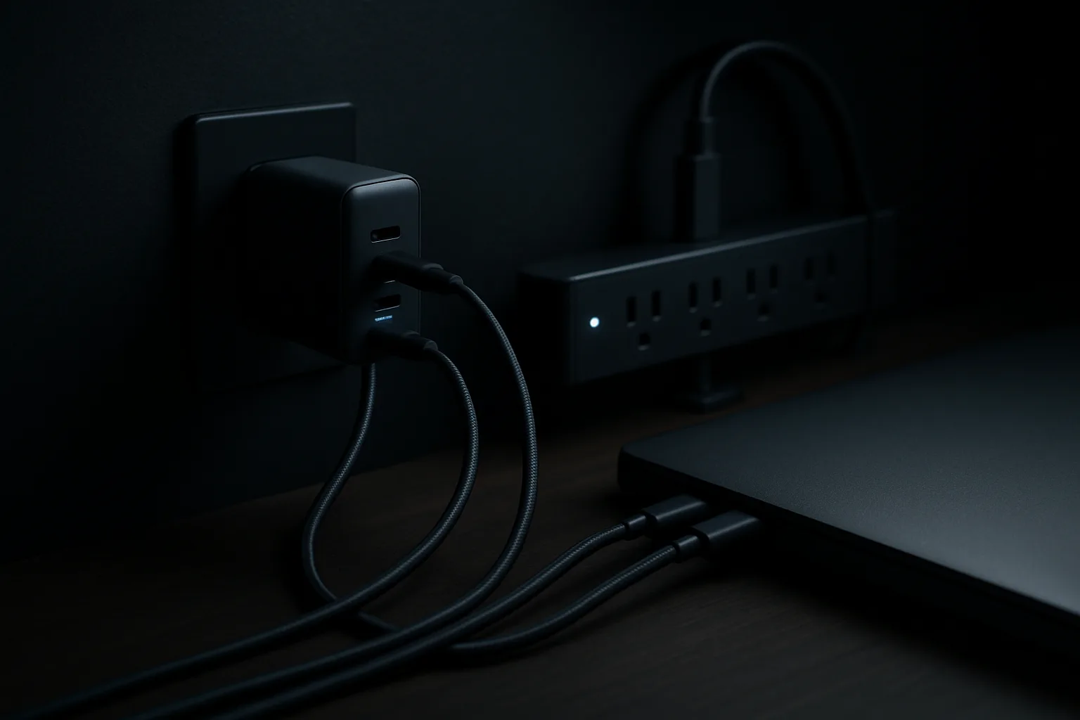 デスクの隅で複数のUSB-C充電器と電源タップが動作している様子（AI生成イメージ）