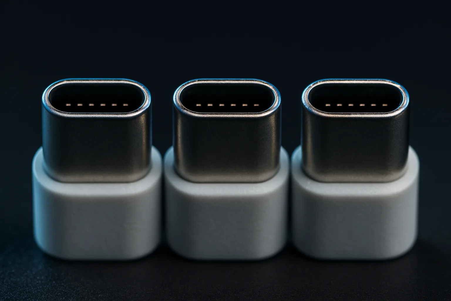 USB-Cコネクタ端子を3つ並べたマクロ画像（AI生成）。3つとも同じ形に見える