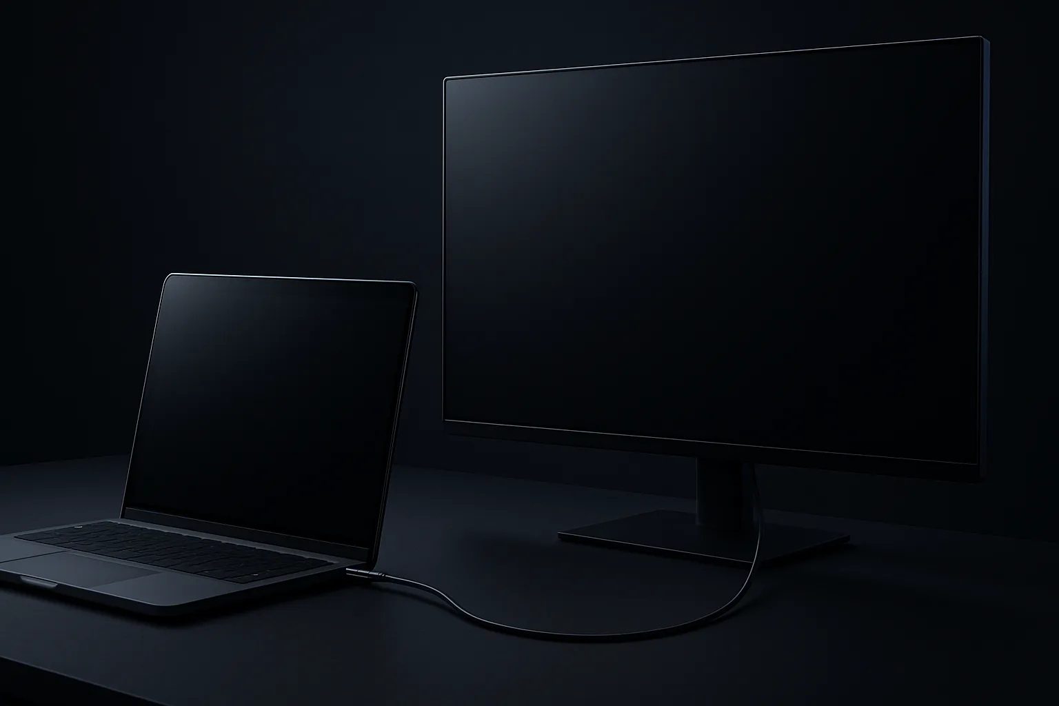 クリーンなデスク上で、ノートPCと外部モニターが1本のUSB-Cケーブルだけでつながっている（AI生成イメージ）