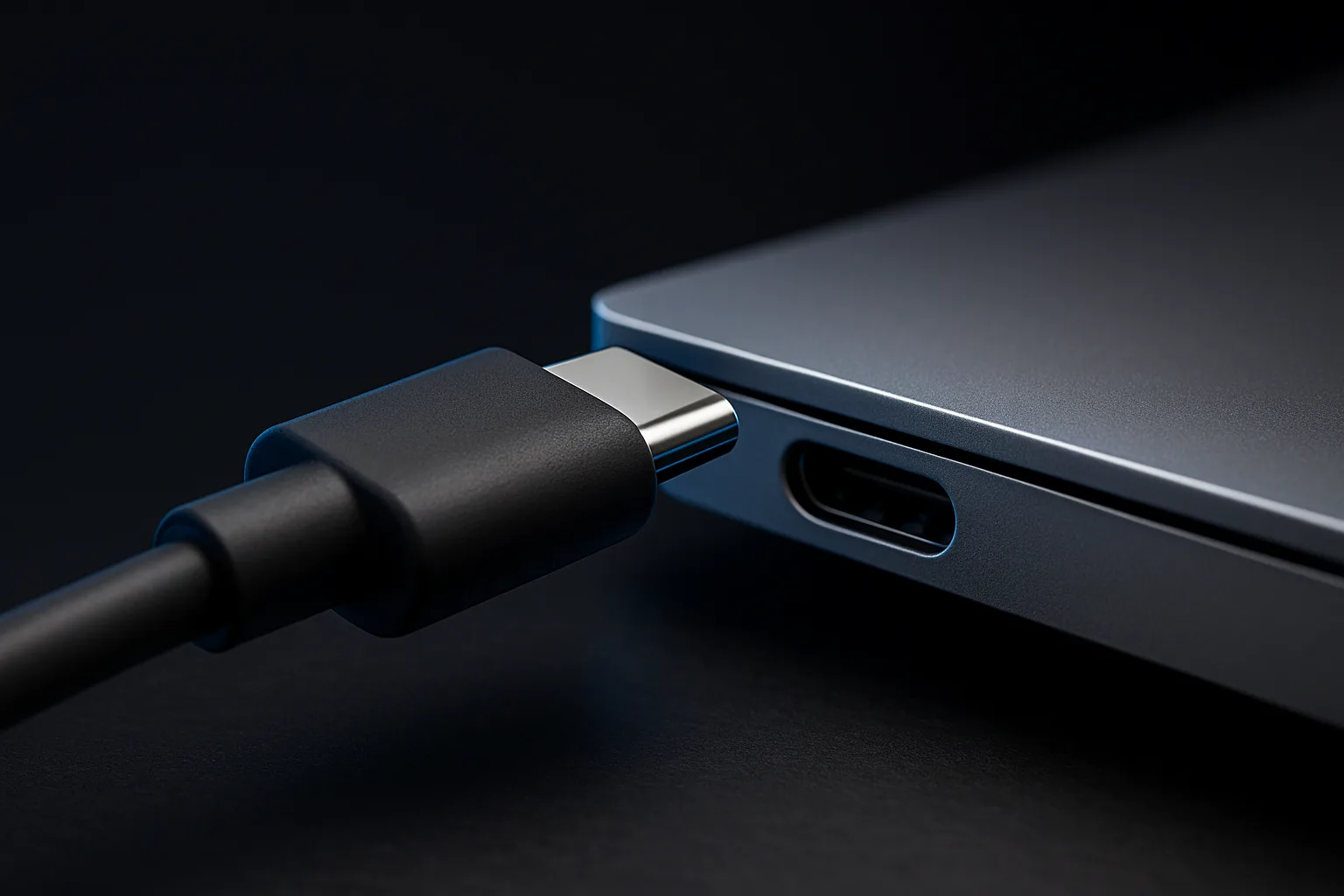 USB-CケーブルをノートPCの側面ポートに挿そうとしている様子（AI生成イメージ）