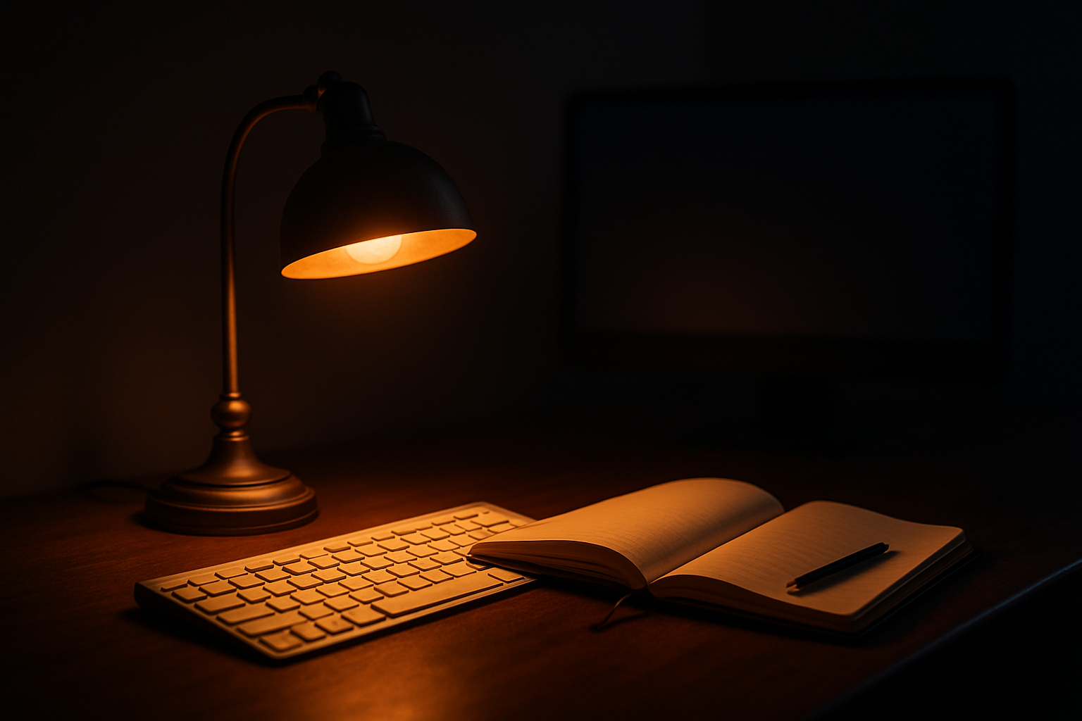 夜のデスクを暖色の電球色（低色温度）のライトが照らしている様子（AI生成イメージ）