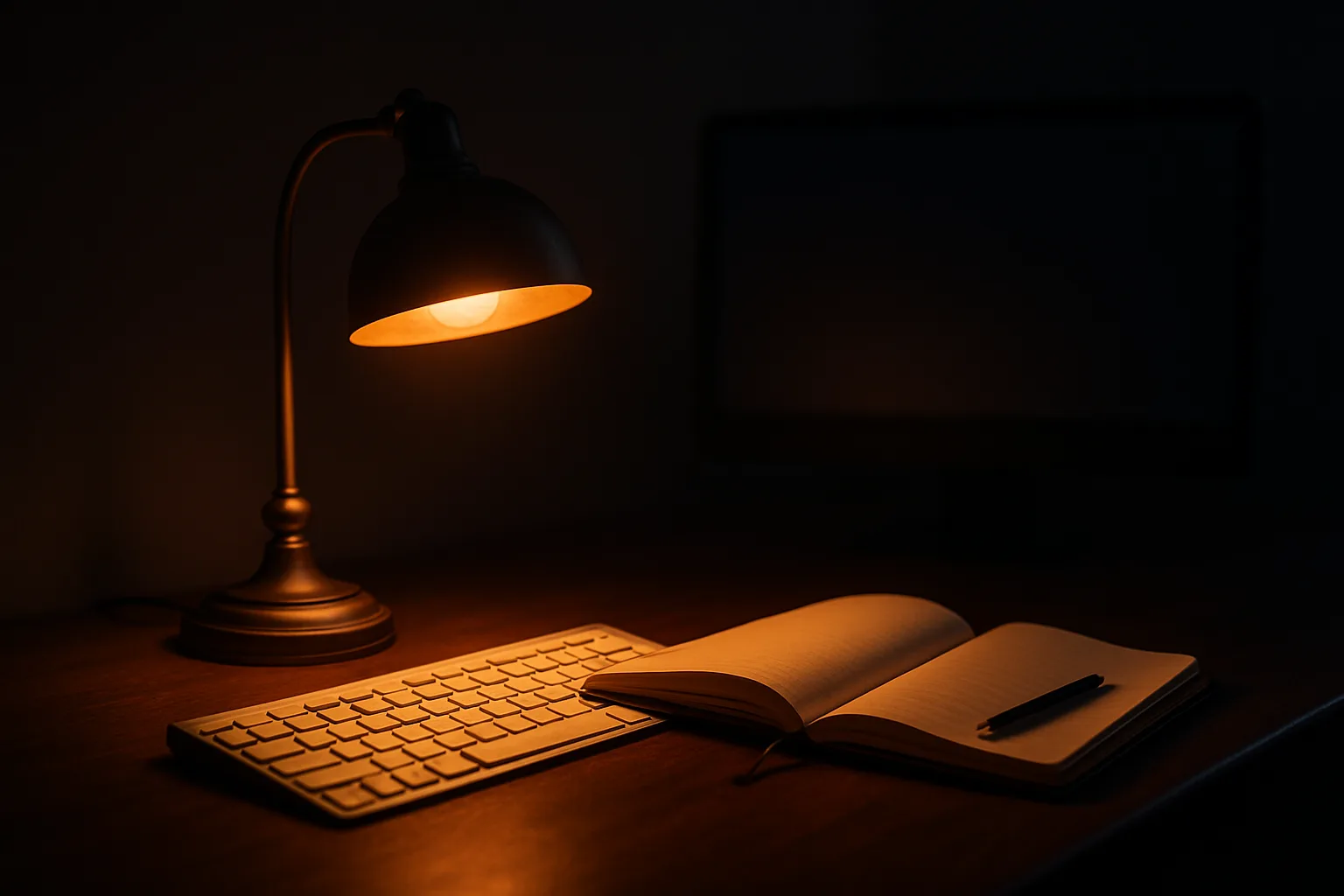 夜のデスクを暖色の電球色（低色温度）のライトが照らしている様子（AI生成イメージ）