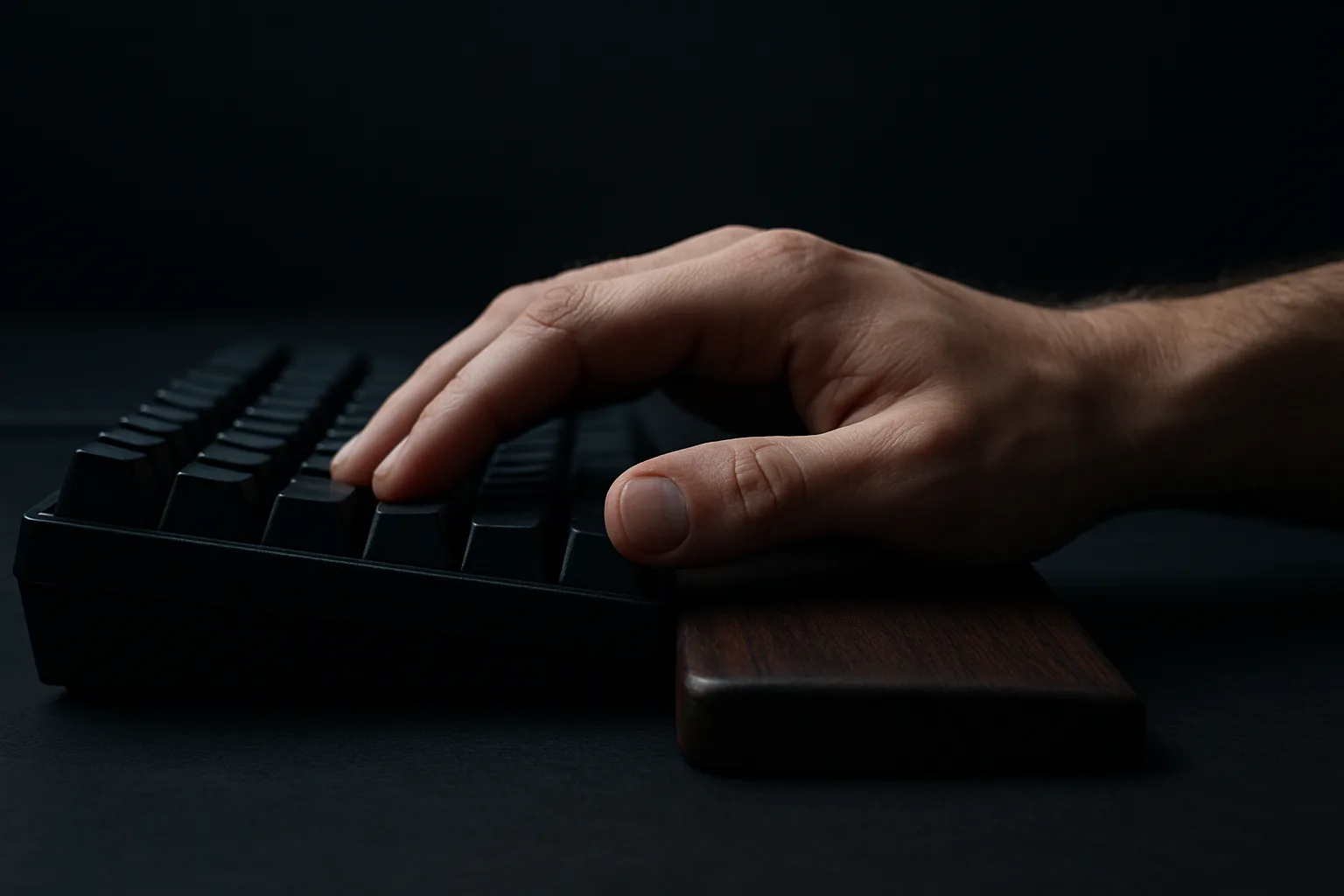 キーボードの手前に置かれたウッド調のリストレスト